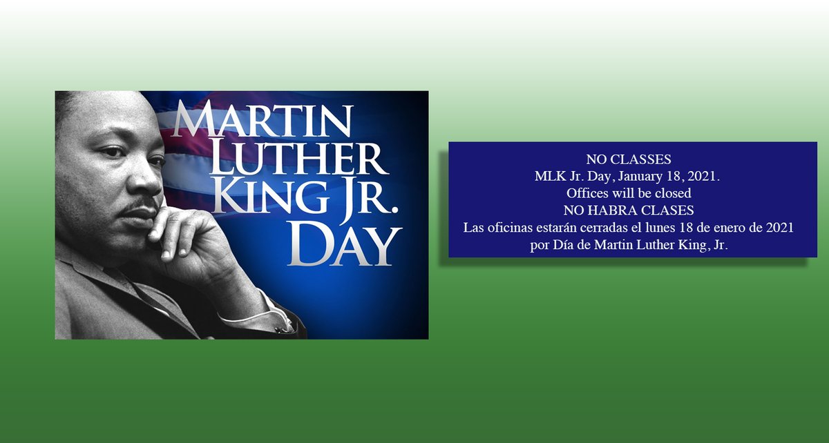 AlisalUSD's tweet photo. To honor the legacy of Dr. Martin Luther King, Jr., there will be no classes on Monday and our offices will be closed. No habrá clases el lunes y las oficinas estarán cerradas en homenaje al Dr. Martin Luther King, Jr. https://t.co/KWGkmeWmCm