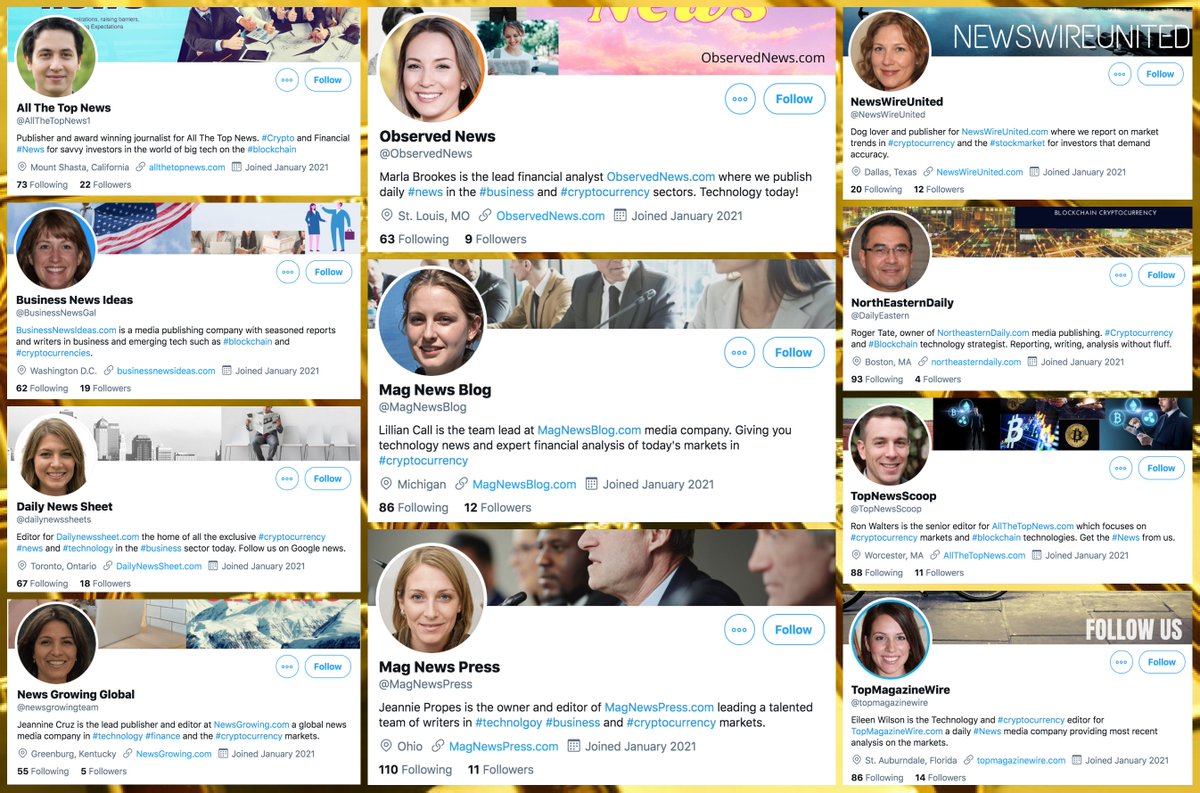 We found a network of 11 accounts, all created on January 1st 2021 or later. Each account has a GAN-generated profile pic and tweets links to the "news" site listed in its profile (the sites are mostly cryptocurrency-themed), as well as retweeting other members of the network.