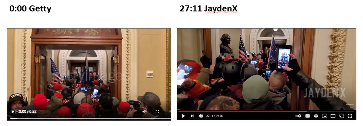 Synchronized. Opening of 22 sec Getty video is at 27:11(JaydenX)= 2:33PM. 13 minutes before Ashli gets killed. So how does Furcap get from back to front? Don't know right now. JaydenX pans away from this scene for several minutes and Infowars doesnt arrive for 10 minutes.