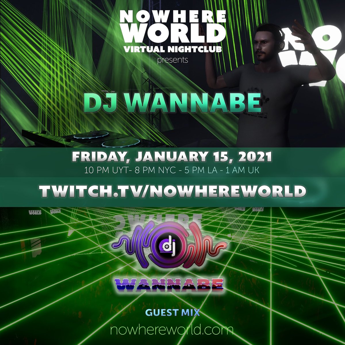 nowherewrld's tweet photo. It's almost time to head to https://t.co/YAOEPil3Ee for an epic #trance guest mix from DJ Wannabe in our #3Drealtime #virtualnightclub!! https://t.co/Nw9qGgEmOb