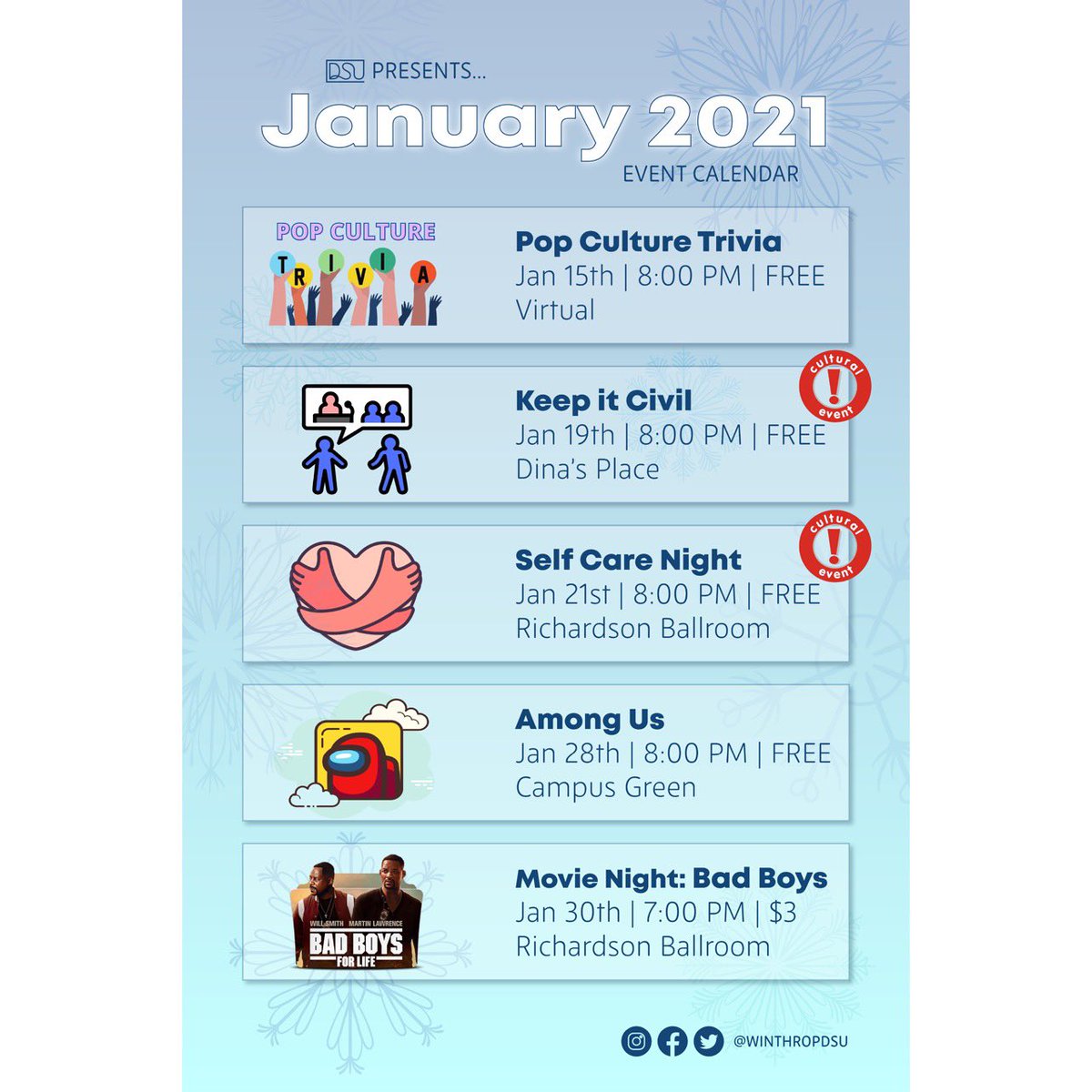 WinthropDSU's tweet photo. OUR JANUARY EVENT CALENDAR!
#winthrop #winthropuniversity #dsu https://t.co/1cI4q7crOc
