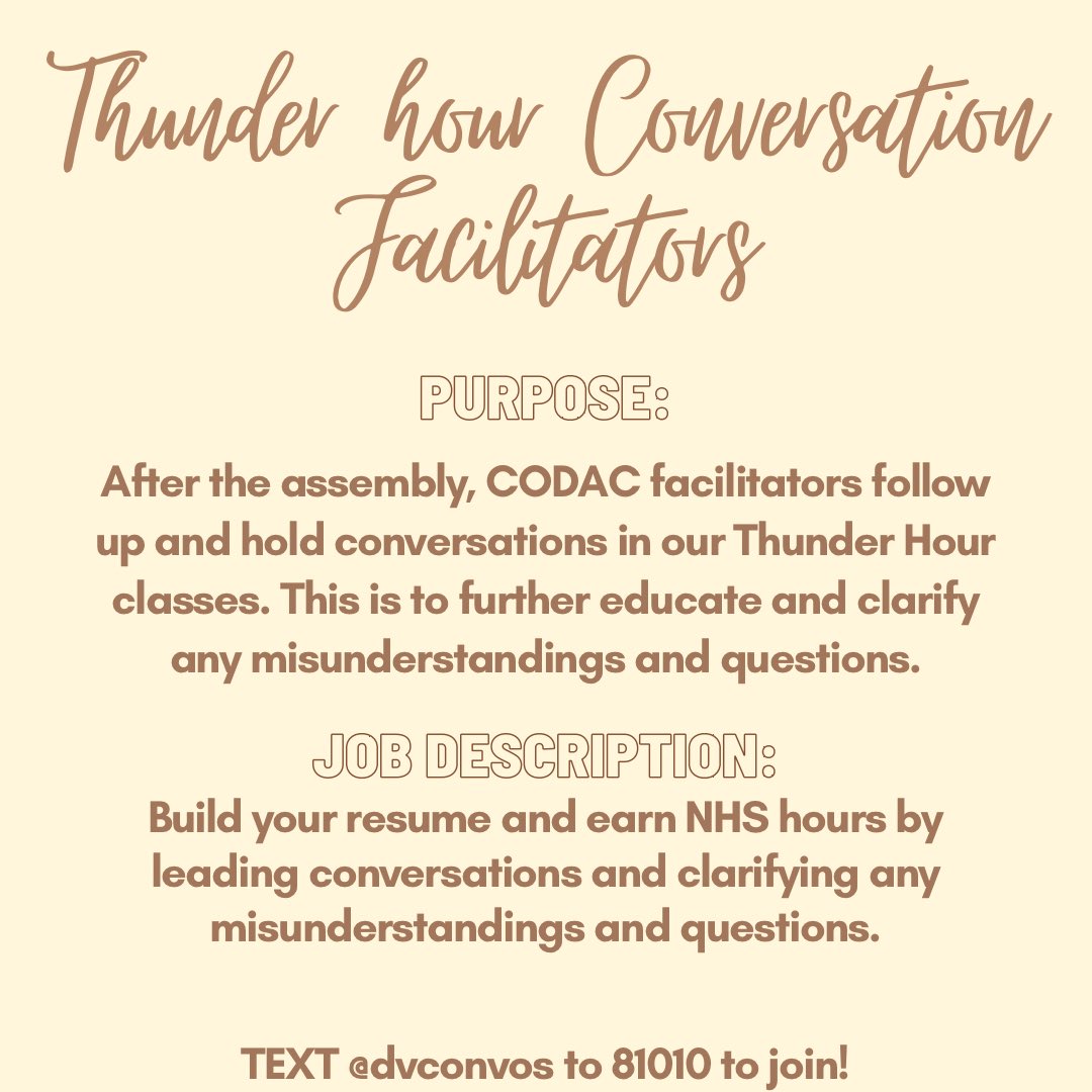 dvhs_codac's tweet photo. More opportunities for students to join &amp; make your voice heard at our diversity assembly coming up! Fill the form in bio &amp; email @dvhsdiversity with any questions you have!!⚡️ https://t.co/Qjps8fMr7V