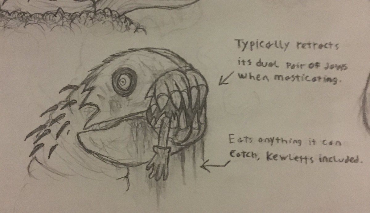 JimmyDaKewlett's tweet photo. Yet another thing I should’ve finished ages ago. Here’s drawings of a creature I thought up for Raze’s Hell. I plan to do more artwork like this, keyword “plan”. You may need to zoom in to read some of the text. #RazesHell #Art #traditionalart https://t.co/3mweE0aMEo