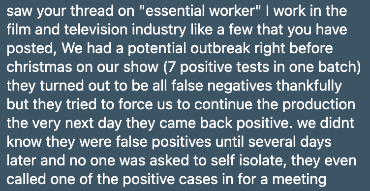 Yeah, that super essential film industry seems quite problematic despite all that testing that people in the film industry keep trying to suggest makes everything ok. Positive tests probably should um, I don't know, stop production for a bit?