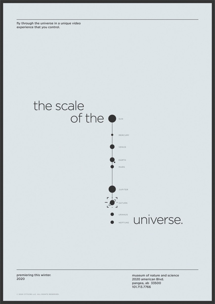 Cyticre's tweet photo. Scale Of The Universe
---
New 3D animation work I created in 2020 for a Museum in Denver, Colorado.

Check out the whole project here:
https://t.co/Ur3QvExqQm

#3D #animation #octane #education #Science #museum #astronomy #poster #GraphicDesign https://t.co/gsnaUXZXf9
