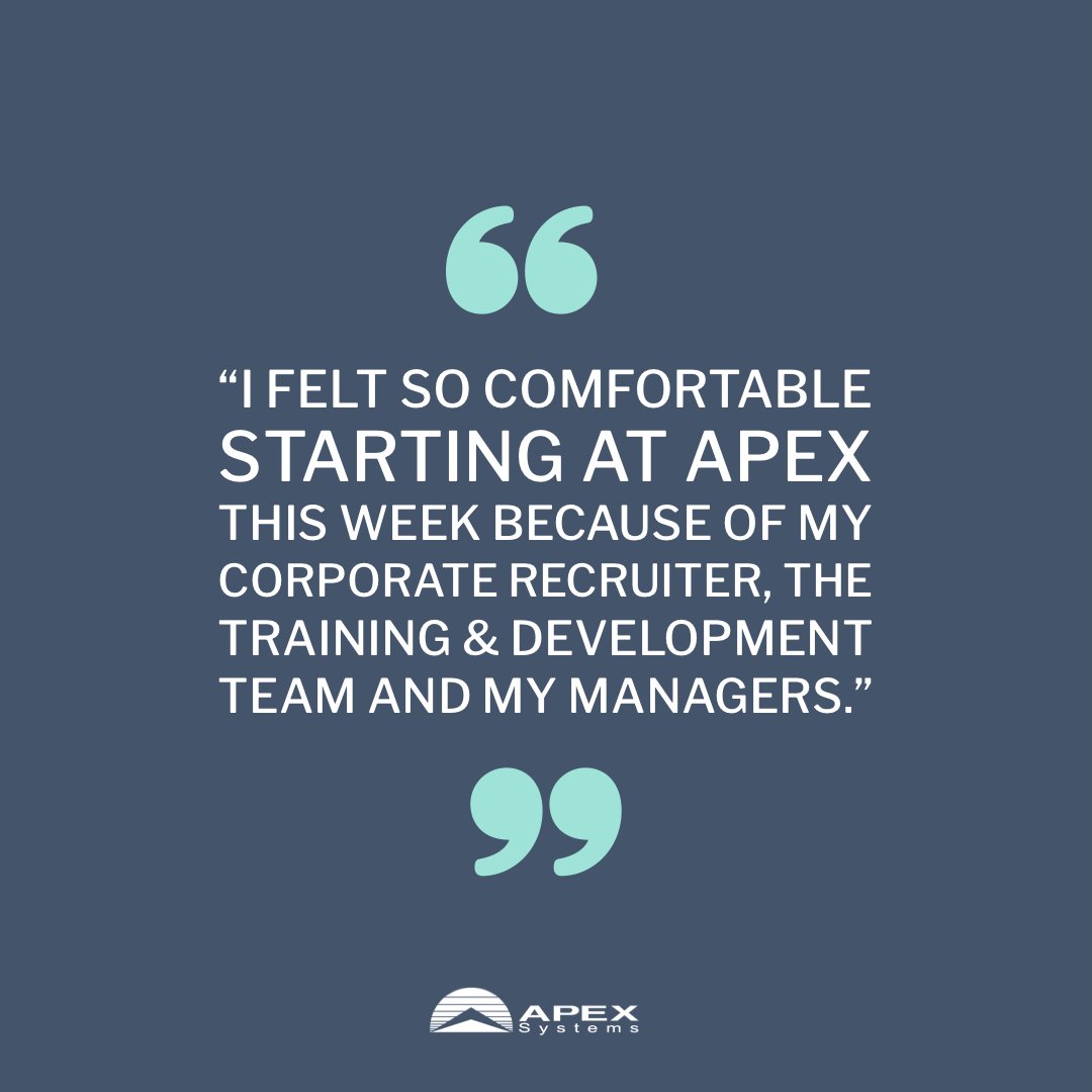At Apex, we are one big team. That’s why your Corporate Recruiter, the Training &amp; Development team and your managers all work together to ensure your start at Apex is a good one. bit.ly/3qqw8xu #newjob #ApexCareers