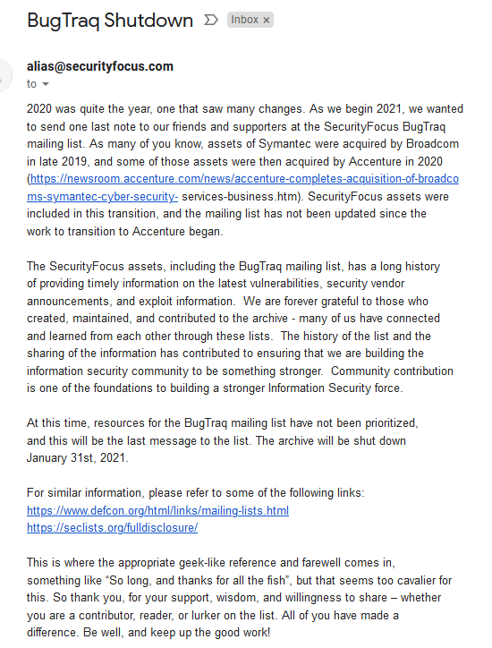 Bang_Amri's tweet photo. Oh no...
SecurityFocus and BugTraq ? 😑
is sad, but Thank for your services & contribute sir's.
long story with all of you, since 2002 ?
#SecurityFocus #BugTraq #Defcon #Seclist https://t.co/qFINopDpqr