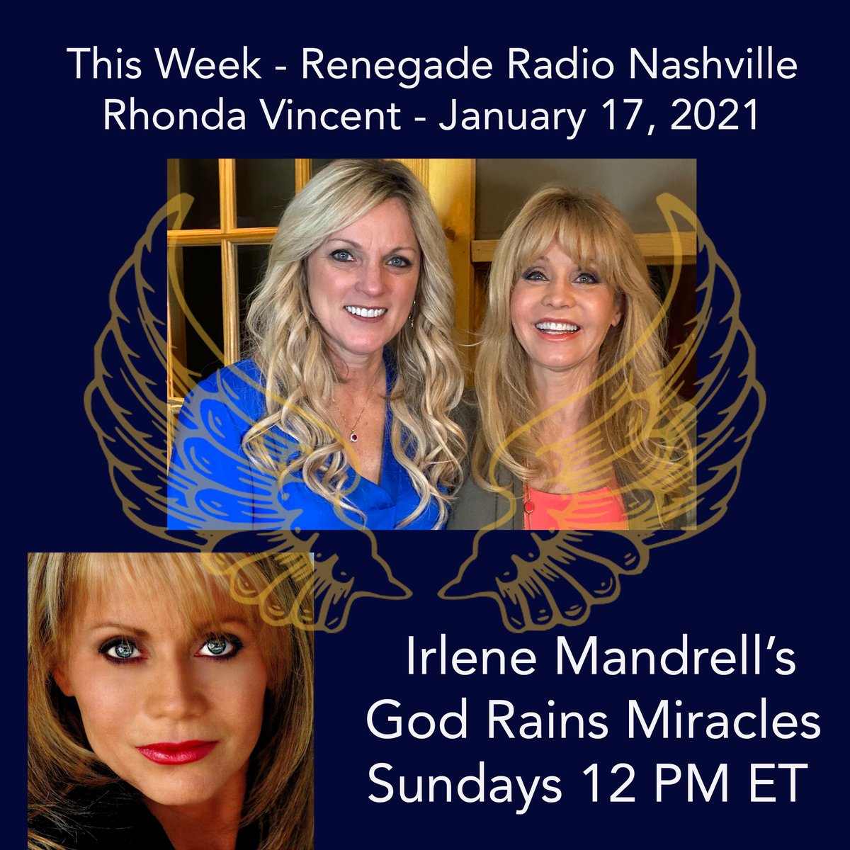Mandrell_Irlene's tweet photo. Hi everyone - My "God Rains Miracles" show this Sunday (1/17) is going to be my friend Rhonda Vincent and boy does she inspire.  Listen in on Renegade Radio Nashville - @RhondaVincent13 https://t.co/36OQ2CYRx3
