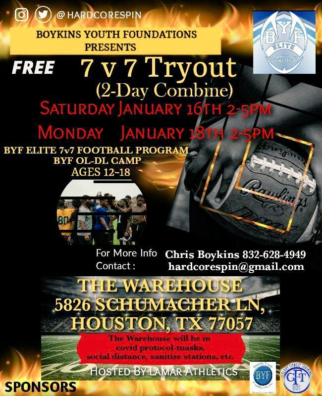 hardcorespin's tweet photo. Attention Houston Athletes get ready for the best BYF Elite 7v7 Football Program, BYF OL-DL Camp and the BYF Cheerleaders Fundamental Program held on January 16th & 18th 2pm-5pm. This will be a 2-Day Combine hosted on Saturday & Monday so come ready to learn and compete #BYFElite https://t.co/XpmujLXlyI