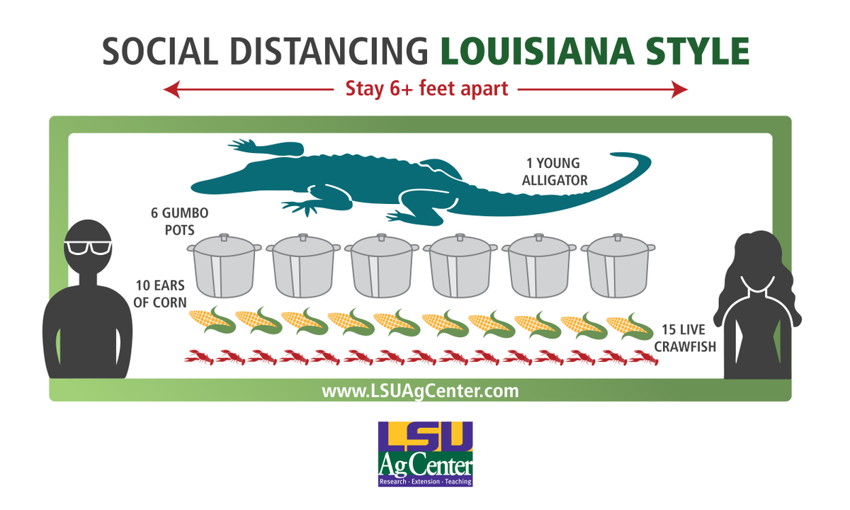 LSUAgCenter's tweet photo. Remind your friends and family to practice social distancing with our helpful social distancing guide, Louisiana style. Available for download here: https://t.co/aDi7MCpNYl @LSU @LouisianaGov https://t.co/HQgp9I2L7u
