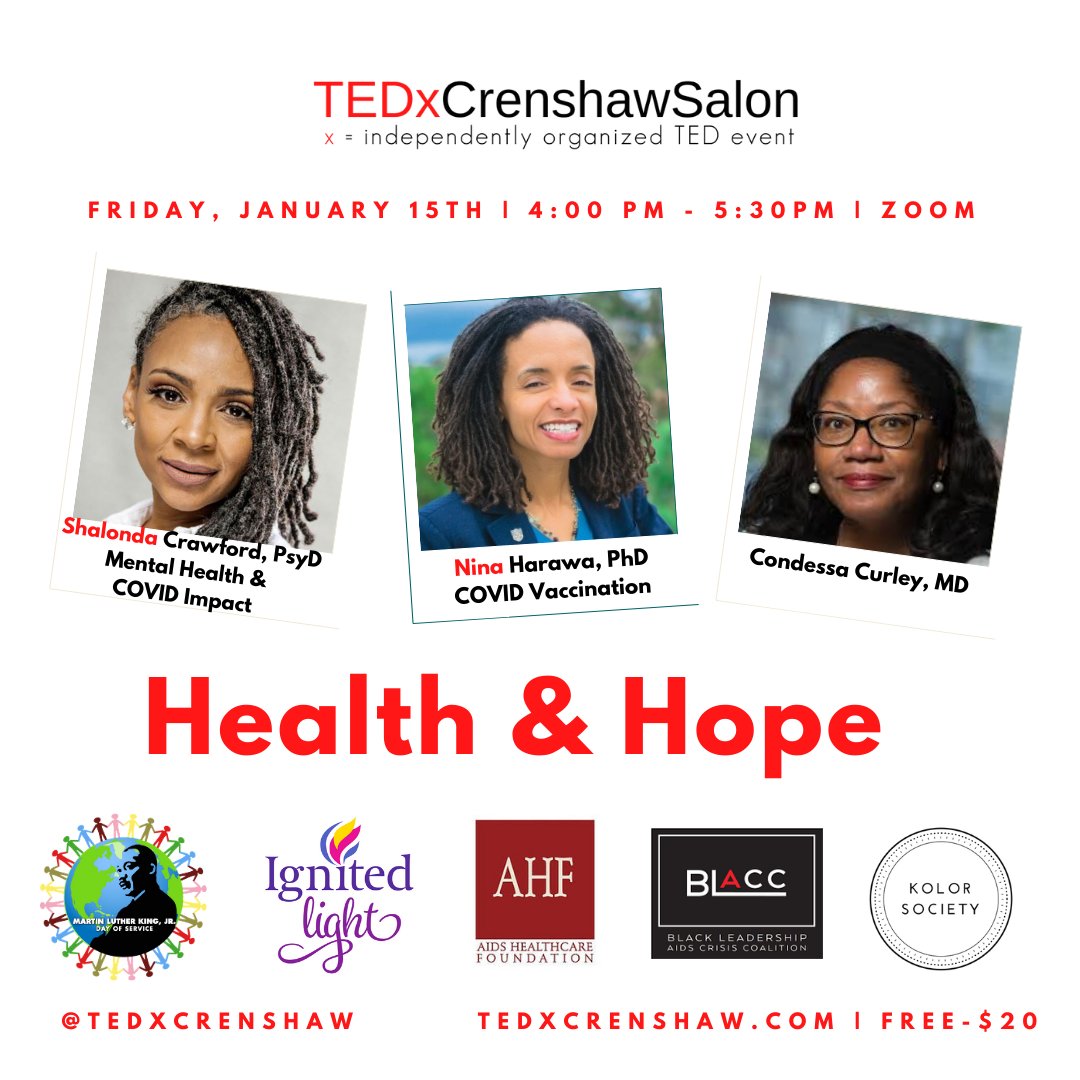 My @TedxCrenshaw talk today was a tribute to Black healthcare providers who've been advocating for what our communities need &amp; encouraging knowledge over fear related to #COVID19 vaccines. They include @DrOniBee <a href="/UREssien/">Utibe R. Essien, MD MPH</a> <a href="/MurseWordsworth/">Kilometers Morales, RN</a> <a href="/gradydoctor/">Kimberly D. Manning, MD, MACP</a> <a href="/ShawnteJamesMD/">Shawnté James, MD: The Olds™/Elder Millennial</a> Follow them!