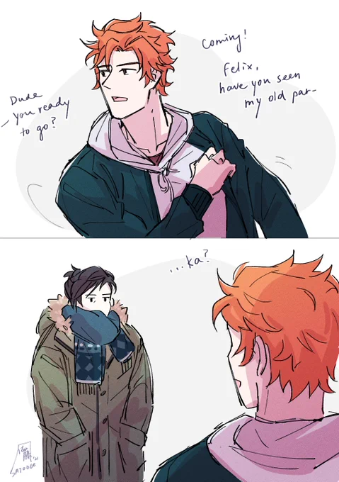 i think a lot about felix being snug as a bug in sylvain's clothes #FE3H #FireEmblemThreeHouses #sylvix 