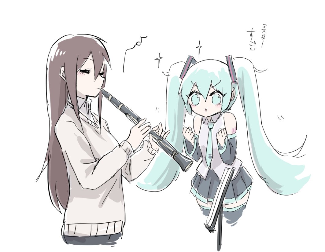 hatsune miku instrument 2girls long hair multiple girls twintails music playing instrument  illustration images