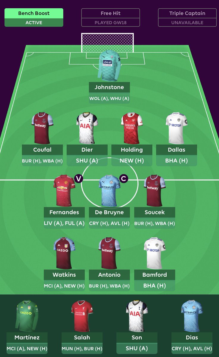 GW19 team locked in  BB active!Transfers: DCL, Grealish, Brewster & Lowton -> Antonio, Soucek, Watkins & Dias (-12 pts)KDB Since  @FPLBhuna has become this brilliant mastermind lately, someone else has to take on the hits Please share your  #FPL thoughts below 