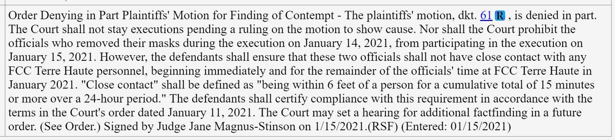 mtarm's tweet photo. Update: The judge presiding over the dispute about whether an executioner was in contempt for not wearing a #mask for part of last night's execution, just said she won't stop #DustinHiggs' execution on that basis. But she orders that executioners comply with #COVID precautions. https://t.co/rvmVA5Rz9p