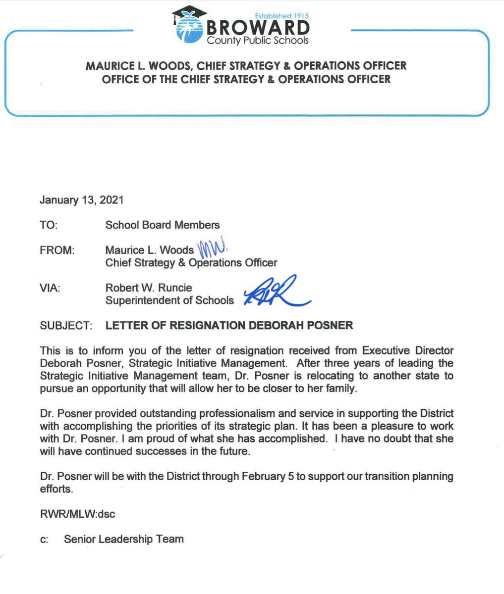 smtravis's tweet photo. .@DrDeborahPosner, an executive director with @browardschools who oversaw the district’s strategic plan and drafted many iterations of school reopening plans during the pandemic, is resigning. Here’s a letter from her boss Maurice Woods. I also reached out to her for comment. https://t.co/nNpmsd4XOI