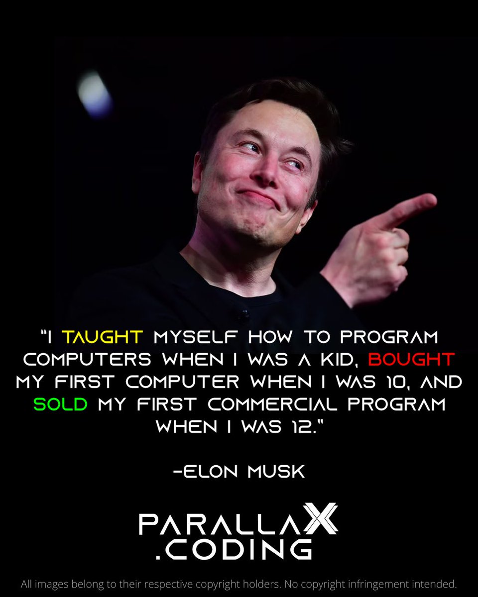 parallaXcoding's tweet image. Elon started coding when he was young & today he’s the worlds richest man #app #mobile #softwaredeveloper #coding #android #ios #dev #developer #programming #programmer #code #computer #kotlin #java #100DaysOfCode #software #LearnToCode