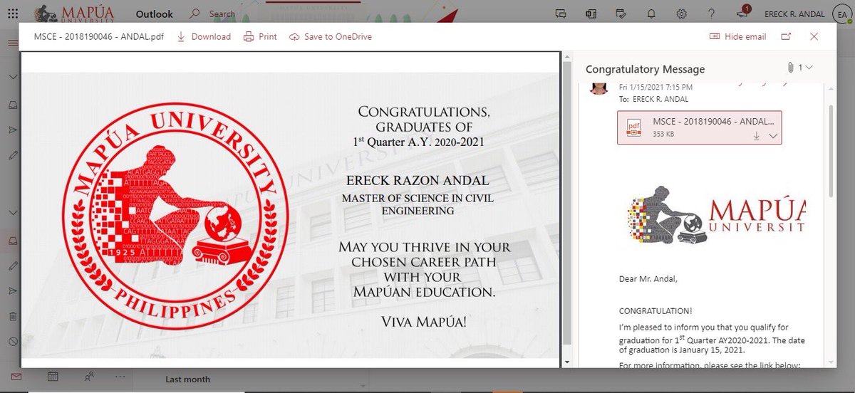 ereckandal's tweet photo. Master’s Degree holder 👨🎓
I’m PROUD & THANKFUL for another milestone unlocked! 🙏🥳
Engr. Ereck R. Andal
Master of Science in Civil Engineering
Mapúa University
#VivaMapua #Batch20202021 @MapuaUniv https://t.co/mJkxnp9Em5
