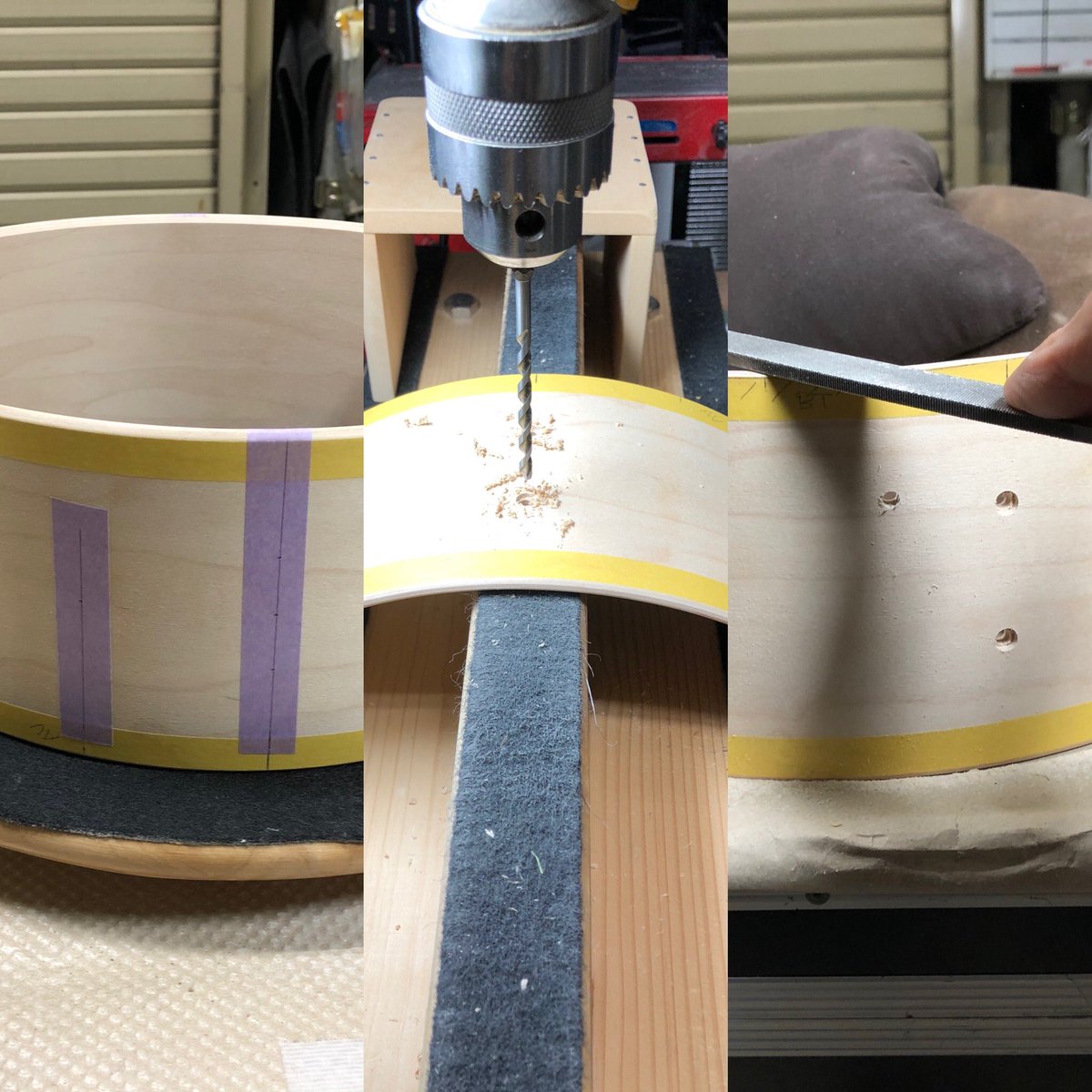 riddim61's tweet photo. Custom order. Maple 10ply / 12"x 4.5" SD_ Marking - drilling - snare bed processing.
マーキング〜穴あけ〜スネアベッド加工。
#customsnaredrums
#riddim_customdrums https://t.co/uhrltKBzYi