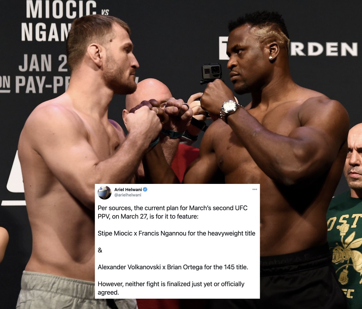 According to Ariel Helwani, Stipe Miocic vs Francis Ngannou, and Alex Volkanovski vs Brian Ortega are being lined up to headline UFC 259 on March 27th.
#UFC https://t.co/k5dvCglg0P
