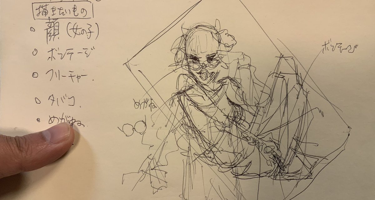 習作で描いた女の子。描きたいものを箇条書きにしてから取り掛かった。特に背景は勉強になりました。タバコは一つ前に描いたので消去。めちゃくちゃ文字汚くてすいません! 
