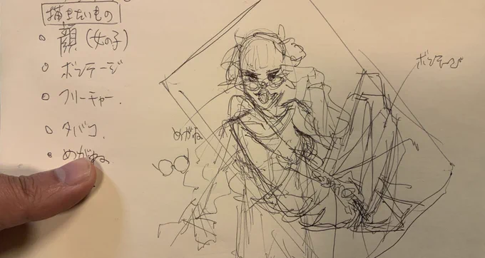 習作で描いた女の子。描きたいものを箇条書きにしてから取り掛かった。特に背景は勉強になりました。タバコは一つ前に描いたので消去。めちゃくちゃ文字汚くてすいません! 