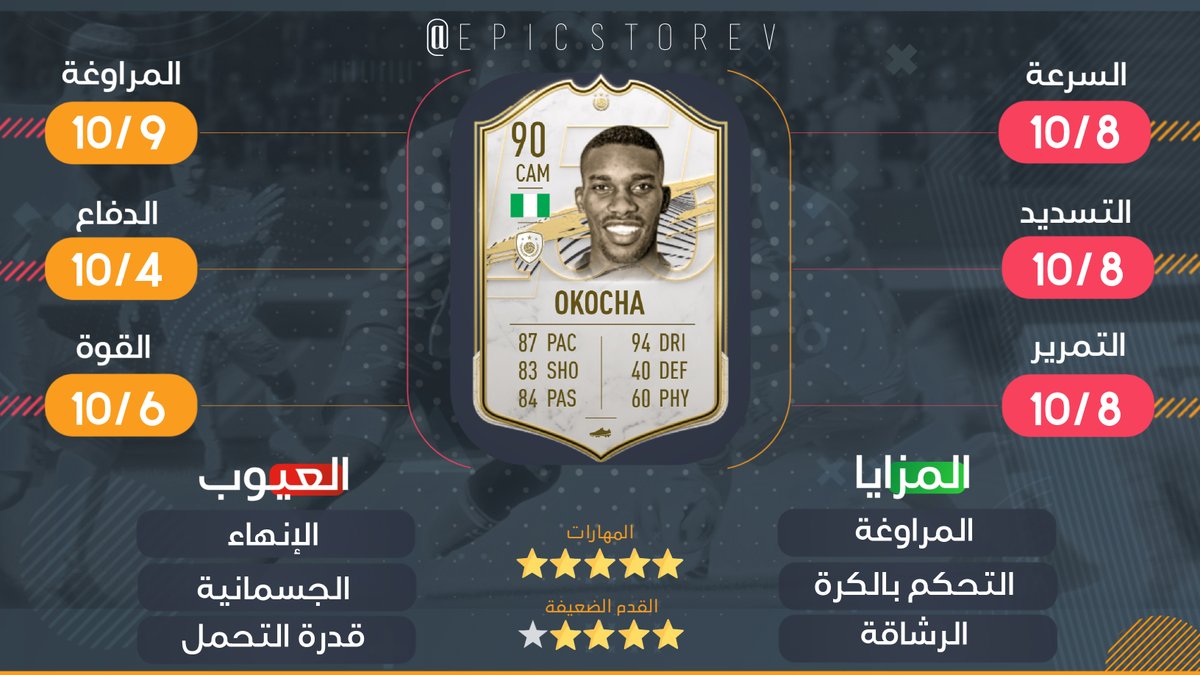 EpicstoreV's tweet photo. متوفر الان تحدي "OKOCHA” 
😎🇳🇬

تقييمات اللاعب في الصورة 📈 🔥

متبقي على التحدي: 24 يوم 🗓

للطلب من الرابط التالي:

https://t.co/V0IlDb8gtr https://t.co/KfNDgpJu7C