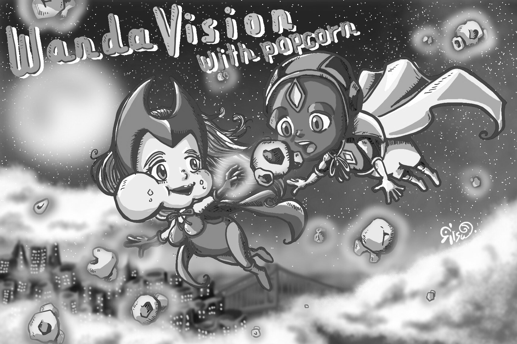 石井リス Df D 42 11 13 14 イラスト マーベルwithポップコーン Marvel With Popcorn ワンダ Amp ヴィジョン モノクロver Wandavison 子供みたいにポップコーン食べたくなった ワンダヴィジョン Wandavision T Co