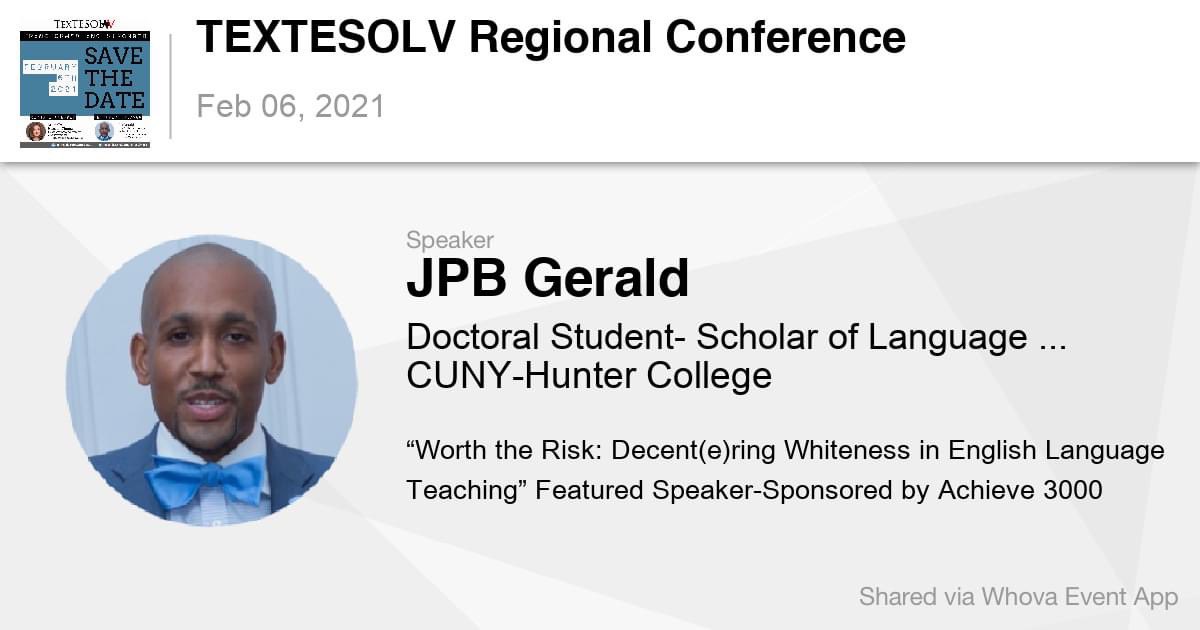 textesol2's tweet photo. Another session you'll want to check out is our LIVE Featured Speaker JPB Gerald's talk on Decentering Whiteness in ELT on Feb 6th at 1:30 CST sponsored by Achieve3000
#textesol2 #textesol #tesol #elt https://t.co/eHEhjQMuaI