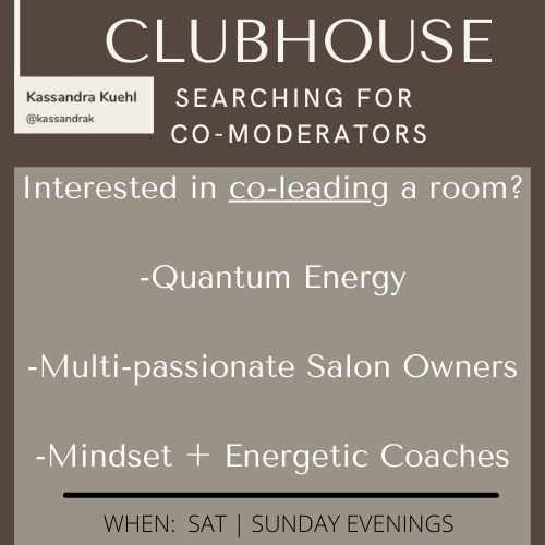 HEY LADIES!

Are you on #Clubhouse - I'd love to hear from any leaders interested co-leading a room in 
 - Coaching - Quantum Energy - Beauty Creatives looking to diversify their biz!

Follow <a href="/kassandrak/">KassandraK</a> - and DM ME BELOW! 

LOVING THIS PLATFORM - YOU?
