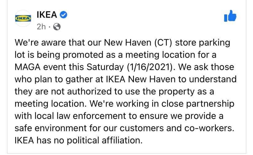 MrsGuglielmo's tweet photo. @lookner This is a few miles from me. This lot has been used before as the meeting place for a Trump parade to the Capital (Hartford). Same route planned tomorrow. Ikea is saying no thanks, not allowed. https://t.co/cUvqvDJ4Dq
