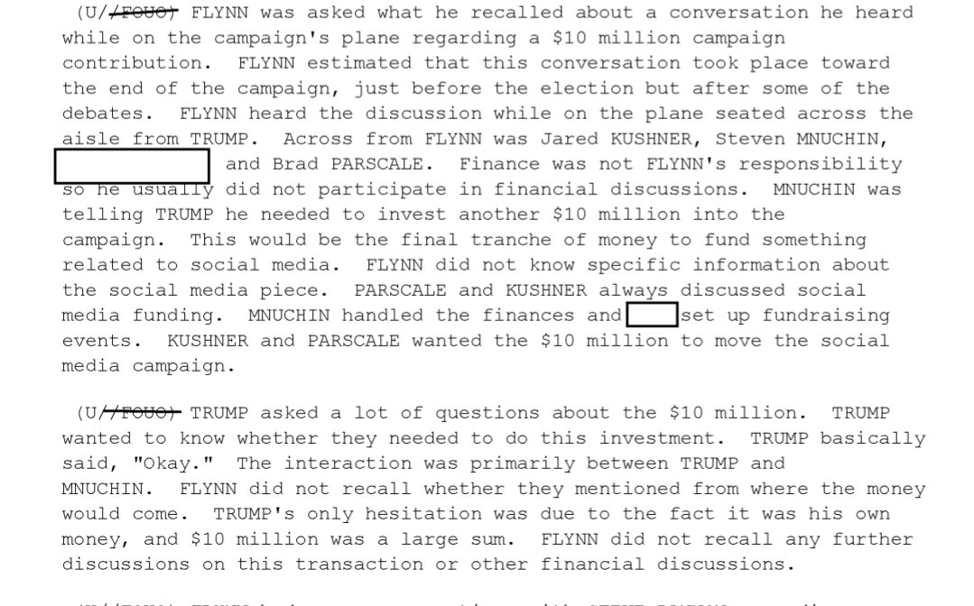 Michael Flynn was asked by Mueller's team to recount a conversation he heard on the Trump campaign's plane about a $10 million campaign contribution