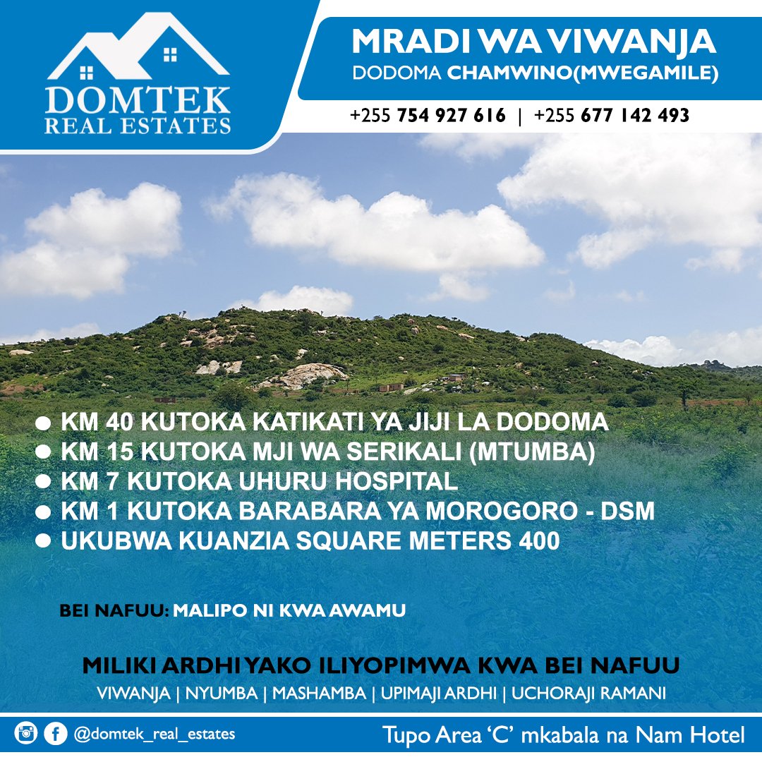 DomTekSolutions's tweet photo. Miliki kiwanja Chamwino Dodoma, Karibu na Hospitali ya Uhuru. Wasiliana Nasi https://t.co/k8ztzdBPRq au https://t.co/7117yqBI4u #domtekrealestates #domteksolutions https://t.co/JNfTvJjMKS