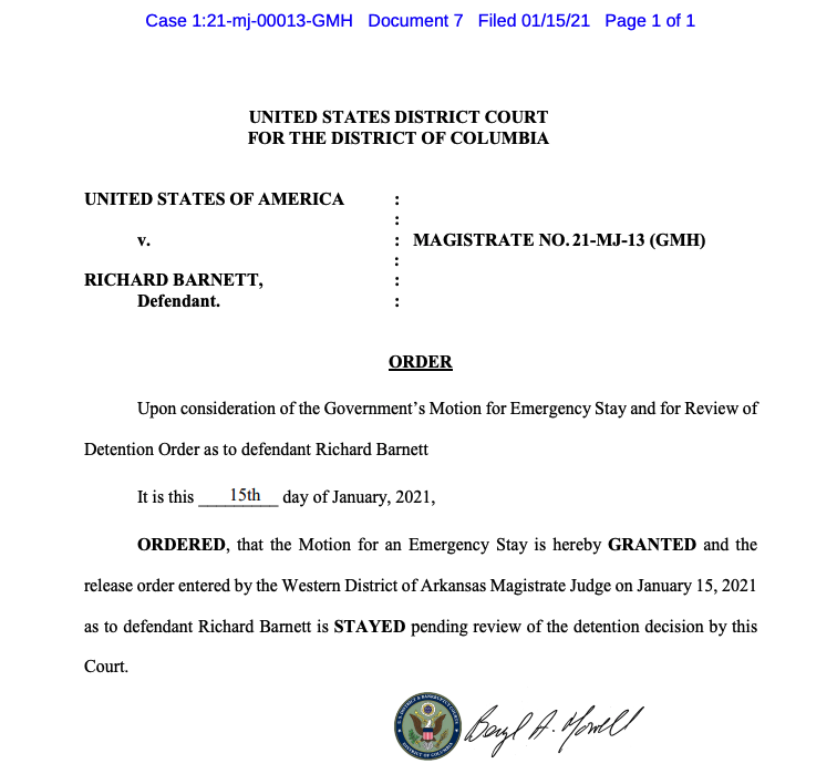 New: The chief judge of the DC federal court has temporarily halted a ruling by a judge in Arkansas that would allow Richard Barnett — the man photographed sitting in Pelosi's office — to go free pending trial. He'll be transferred to DC pending a review of the detention decision