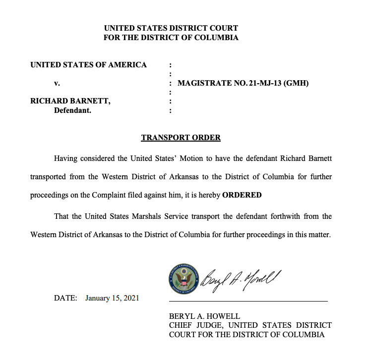 New: The chief judge of the DC federal court has temporarily halted a ruling by a judge in Arkansas that would allow Richard Barnett — the man photographed sitting in Pelosi's office — to go free pending trial. He'll be transferred to DC pending a review of the detention decision