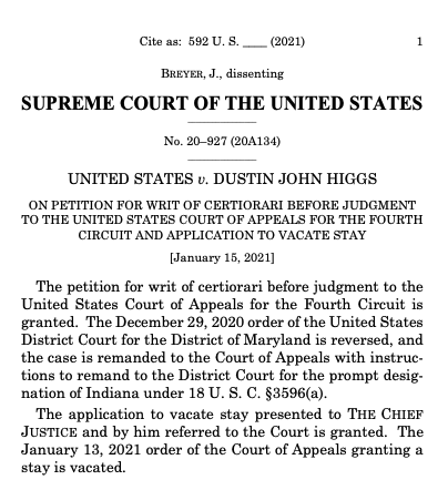 Breaking:  #SCOTUS has vacated the stay preventing Dustin Higgs's execution, and ordered other relief that DOJ sought. The execution of Dustin Higgs will be allowed to proceed. The 3 liberal justices dissent, and Breyer and Sotomayor write.  https://www.scribd.com/document/490905772/20-927-20A134