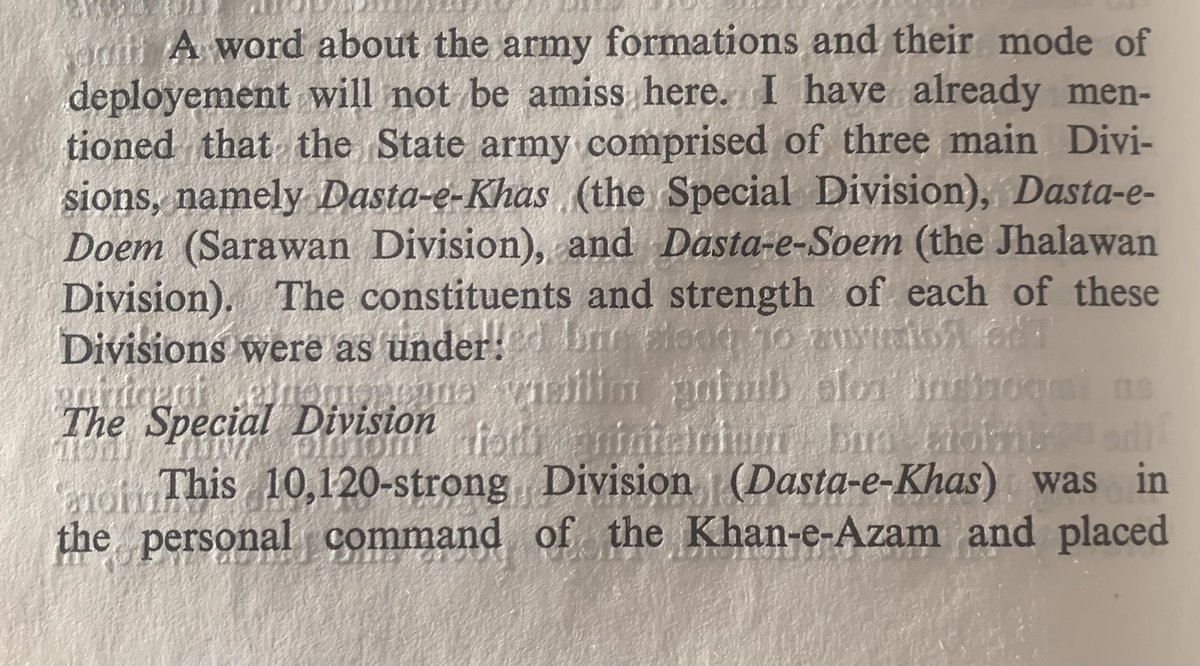 Khane Kalat’s Army was comprised of 4 divisions:1-Dastae Darbar:Elite Division of 1200 Royal Guards who served as professional soldiers under direct command of Khane Kalat called.2-Dastae Khas:Special Division 10,120 men raised at wartime under command of Khane Kalat./17