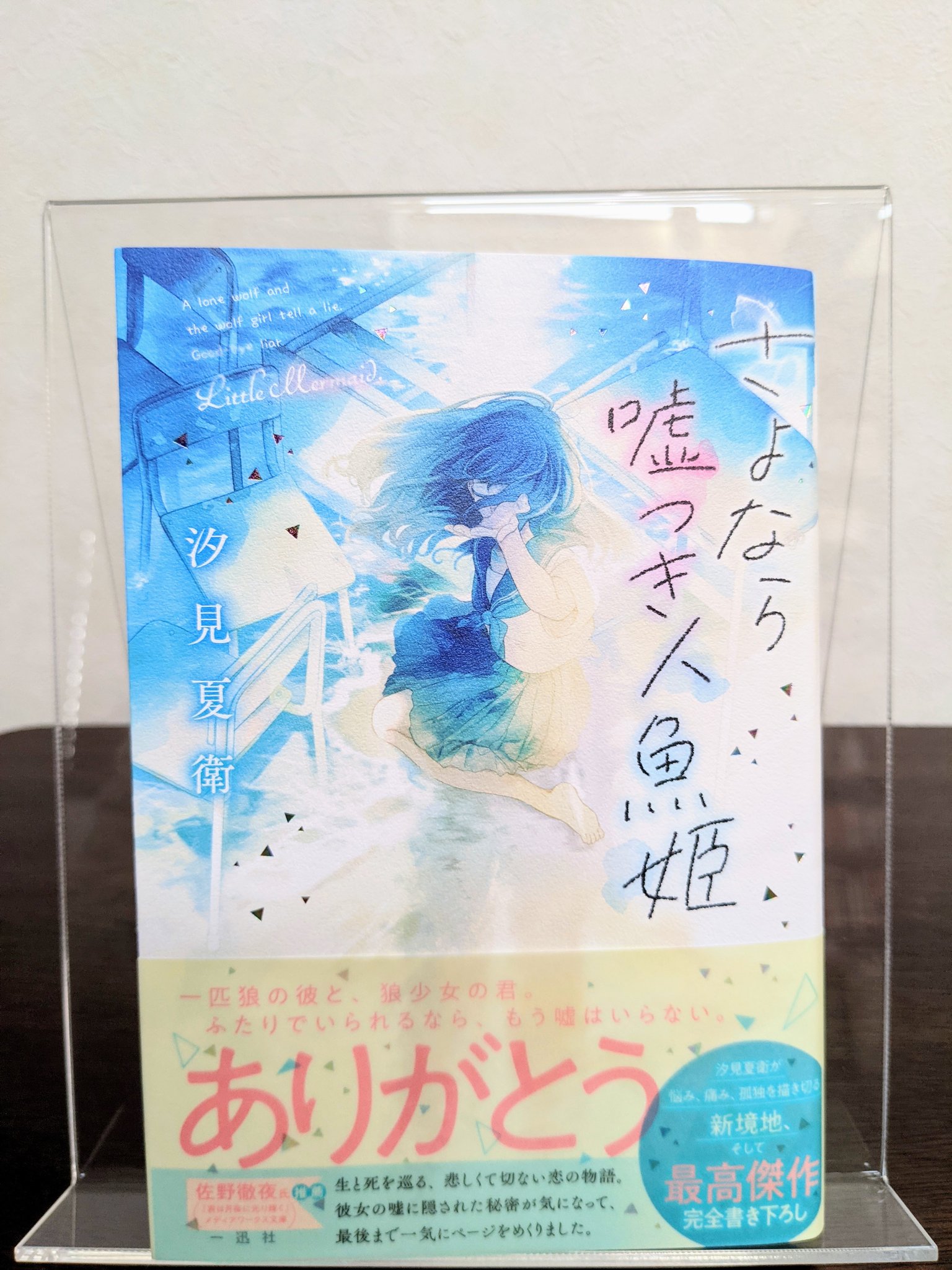 汐見夏衛 さよなら嘘つき人魚姫 見本誌が届きました 単行本で約350ページ めっちゃ分厚くて重いです いつもながら全く上手く撮れないのですが 切なく儚げな表紙イラストに水彩画風のタイトル文字 きらきら特殊加工のカバー 薄く透ける帯 ページ