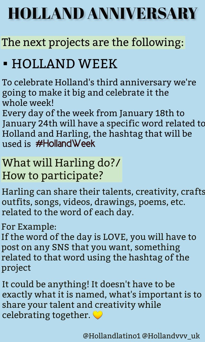 Hollandlatino1's tweet photo. 📣ANNIVERSARY PROJECT📣

 Harlings!  We have prepared a beautiful project to celebrate the third anniversary of our dear Holland!

 Open the images to see what it is about!
 We look forward to your participation 💛

 #holland @HOLLAND_vvv https://t.co/3YhRKAndsx