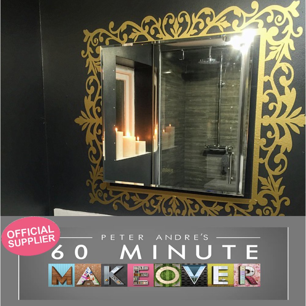 WallChimp's tweet image. A gold mirror vinyl wallsticker frame we supplied to Peter Andre's 60 minute makeover! As can be seen here in this Bathroom image, vinyl wallstickers can be used in every room of the house. #wallchimp #wallstickers #peterandre #60minutemakeover #itv #customwallstickers