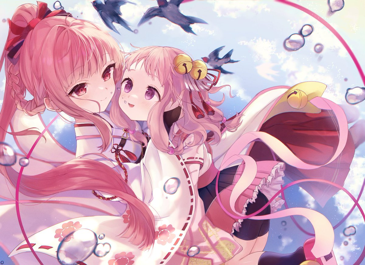 tamaki iroha multiple girls pink hair 2girls japanese clothes braid skirt bell  illustration images