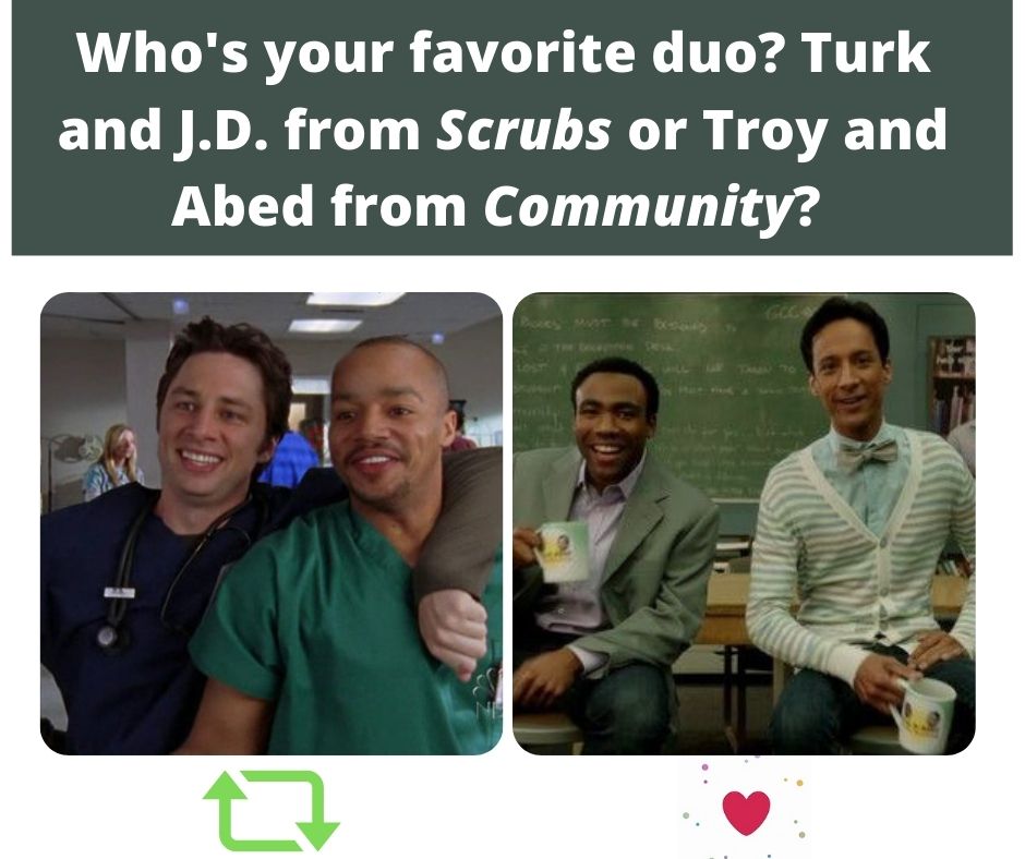 amBiSocial's tweet photo. Vote below! #troyandabedinthemorning #TurkandJD #scrubs #community https://t.co/VIWIDu13sn