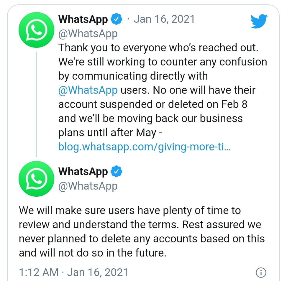 TrakinTech's tweet photo. WhatsApp Postpones New Privacy Policy By Three Months. “No One Will Have Their Account Suspended Or Deleted On February 8”, Says WhatsApp. https://t.co/p0yy0AhUlV