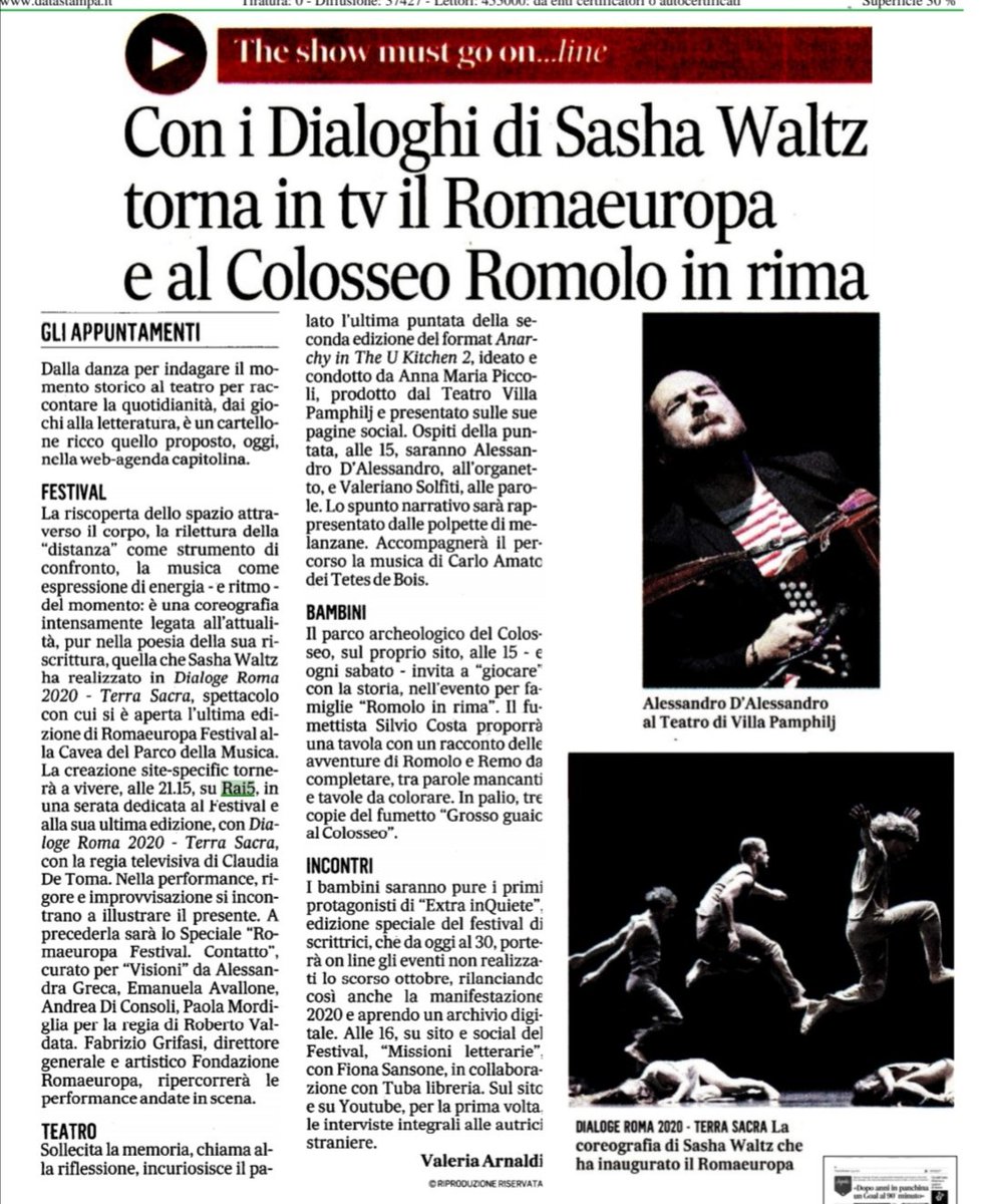 Romaeuropa's tweet photo. Con delivery, asporto o ai fornelli, ma preparatevi ad una serata da gustare su Rai5 con l'opening del #REf2020 in Auditorium Parco della Musica con Dialoge 2020 Terra Sacra di Sasha Waltz 😍🍿💃 https://t.co/QElf94rJkV