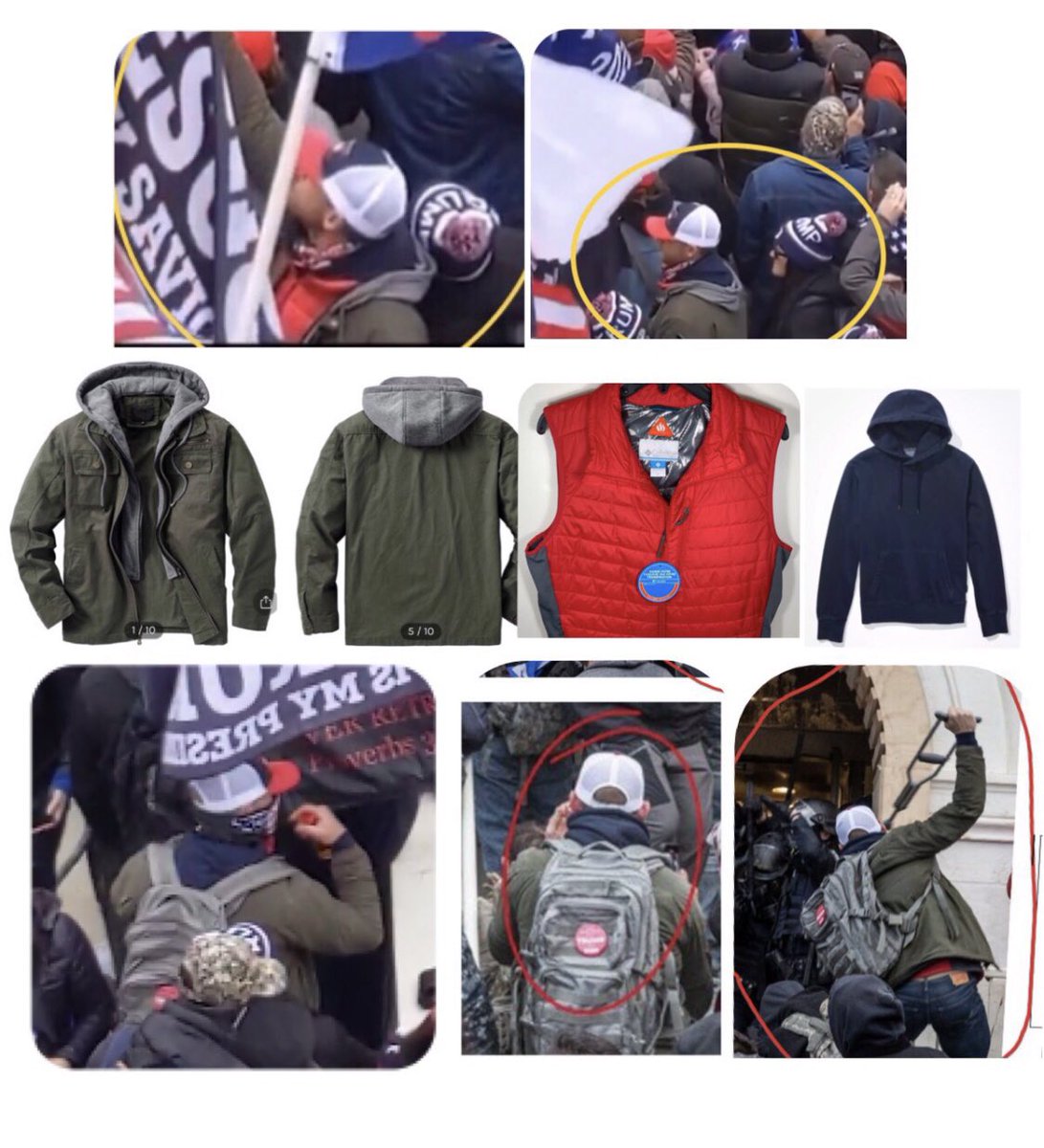  #Scallops is wearing 4 layers of clothing: maroon base layer, then navy hoodie, then red puffer vest, then olive green jacket with gray hood. Gray hood is tucked under backpack and navy hood is pulled out during first attack. 7/