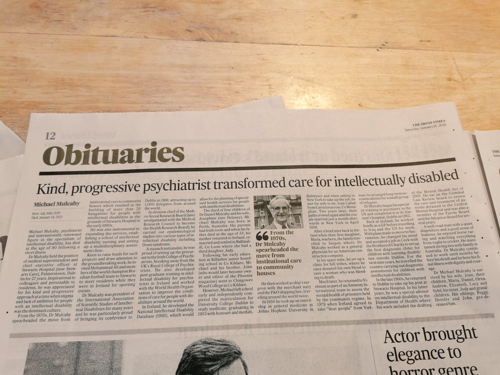 sybilmulcahy's tweet photo. So proud of my dad and what he did for people with intellectual disabilities whom he had so much respect for. I spent a lot of time as a child in Stewarts Hospital playing and watching him work. Thank you to @IrishTimes for the tribute. https://t.co/9vMkImFdGR