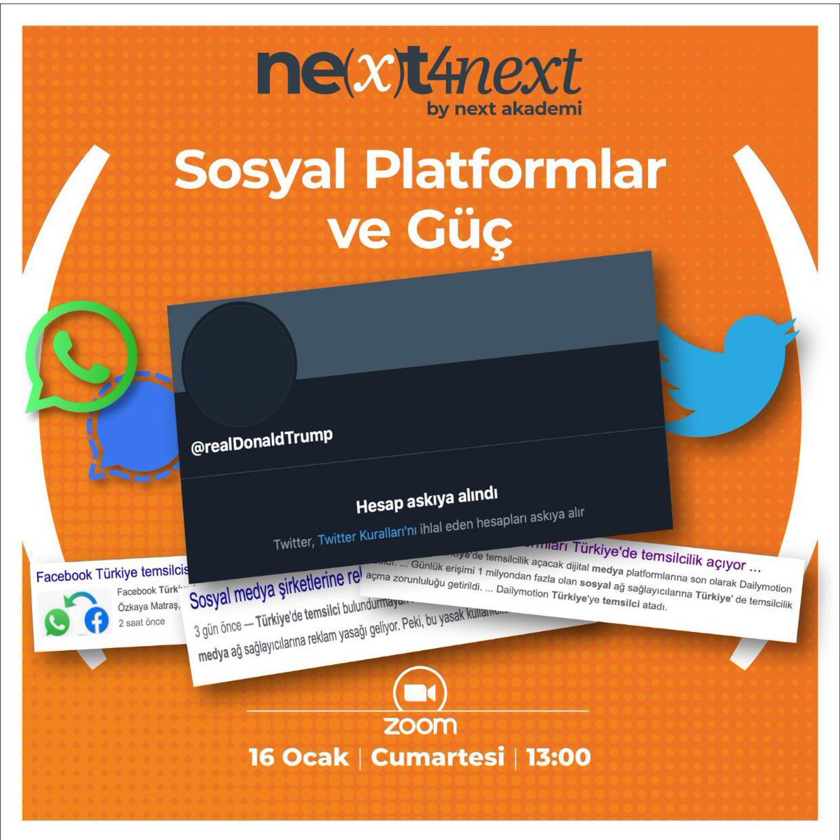 Serdar Kuzuloğlu, Murat Lostar ve Yasin Beceni ile #Next4Next Cumartesi sohbetlerinde Whatsapp Kavimler Göçü, Twitter’ın ABD Başkanı Donald Trump'ın hesabını kalıcı olarak askıya almasından yola çıkarak sosyal platformlar ve güç arasındaki ilişkiyi konuşacağız.

#nextakademi