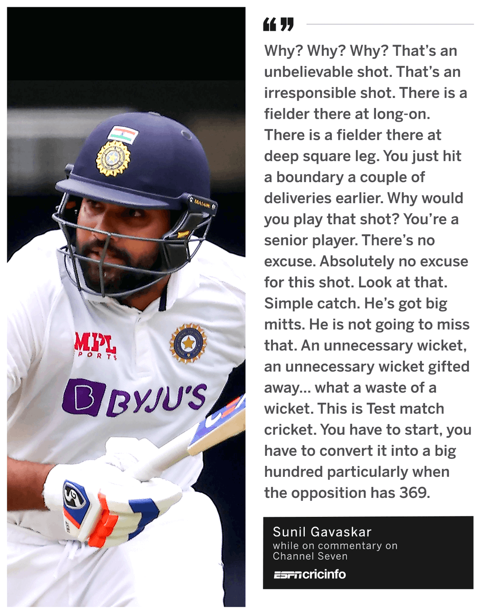 cricinfo's tweet photo. 'Absolutely no excuse for this shot' 

Sunil Gavaskar wasn't impressed at all with Rohit Sharma's dismissal 

https://t.co/EoN7e8w1i1 #AUSvIND https://t.co/1cvYS92PLO