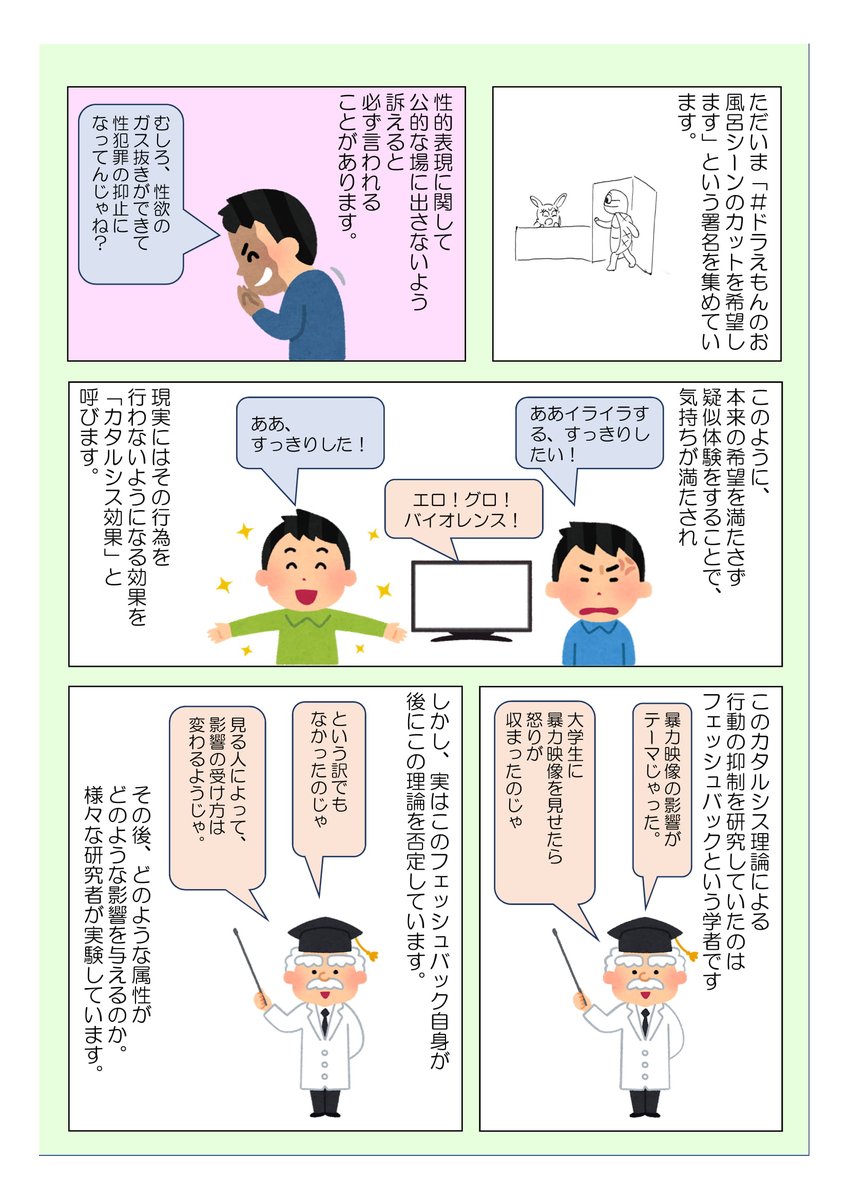 わきまえを求めないミドリムシ ドラえもんのお風呂シーンのカットを希望します 現実では実現できない欲望が創作物で発散されることで 逆に現実でその行動をしなくなるという カタルシス効果 は否定的な研究が多いです あったとしてもそれは限られた