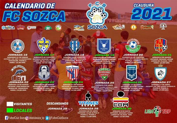 Futbol Club Sozca #SigeLaHuella
Con las medidas implementadas (ESPERANDO COMUNICADO DE LA LIGA TDP) y el protocolo (MEDIDAS SANITARIAS) emitido por la LIGA TDP, ponemos el rol de juegos de la Temporada 2020-2021 de la Liga TDP. Estar el pendiente por algún cambio #CrecemosJuntos